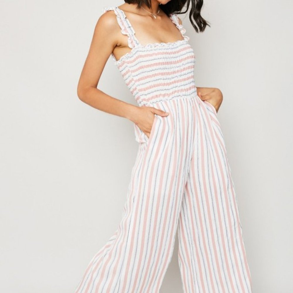 Striped smocked wide leg jumpsuit
